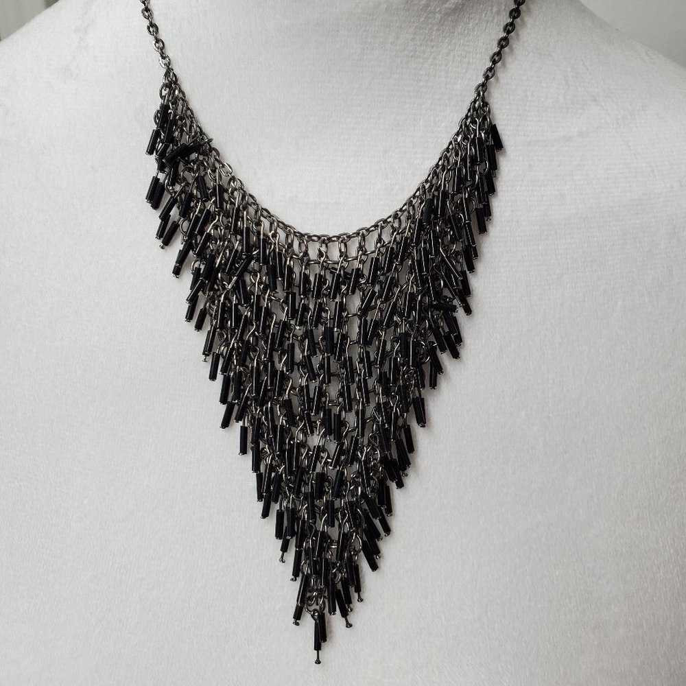 Alternative style black beaded silver plated necklace